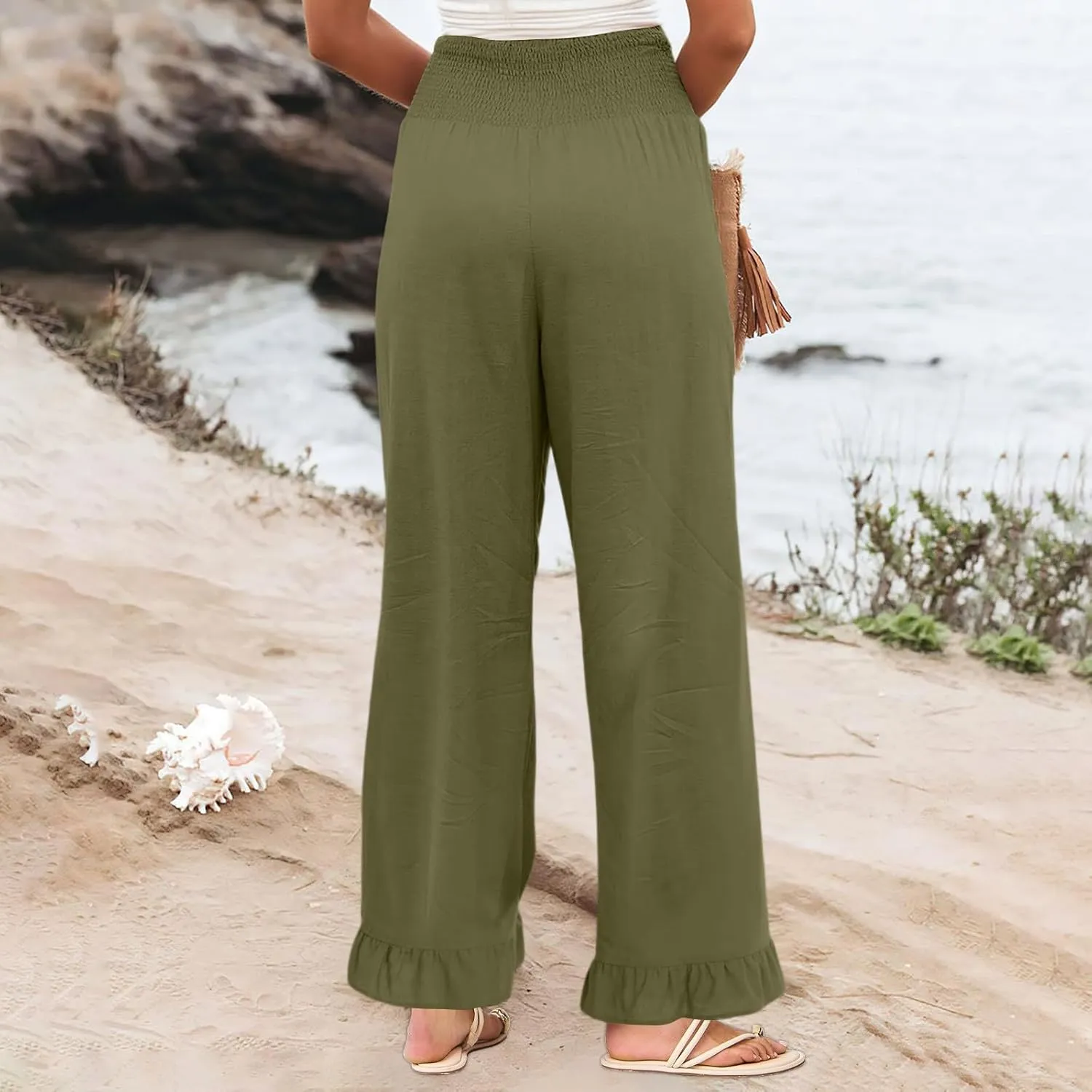 Wide Leg Linen Pants for Women High Waisted Ruffle Hem Palazzo Pants Boho Summer Casual Loose Flowy Pant Trousers