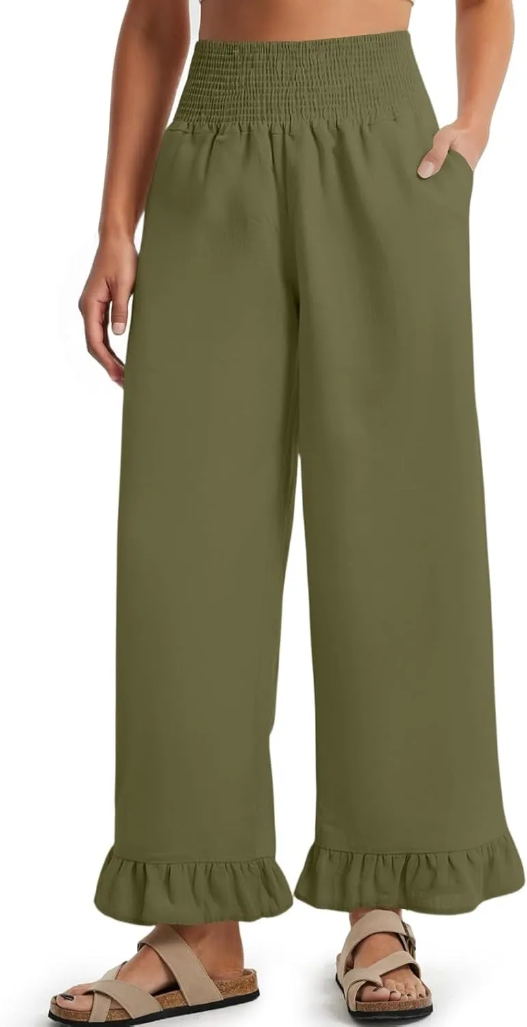 Wide Leg Linen Pants for Women High Waisted Ruffle Hem Palazzo Pants Boho Summer Casual Loose Flowy Pant Trousers