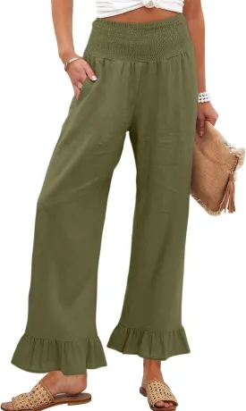 Wide Leg Linen Pants for Women High Waisted Ruffle Hem Palazzo Pants Boho Summer Casual Loose Flowy Pant Trousers