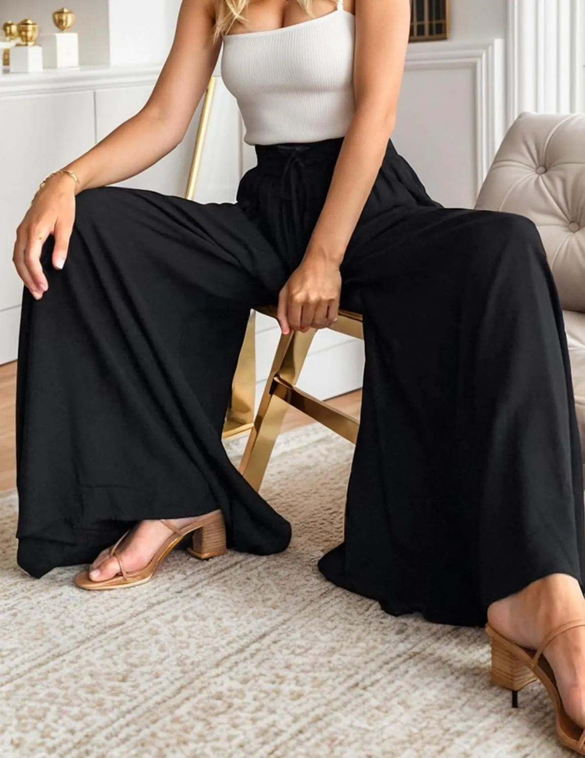 Wide Leg Pants for Women Summer Flowy Pants Elastic Waist with Pockets Palazzo Lounge Pants