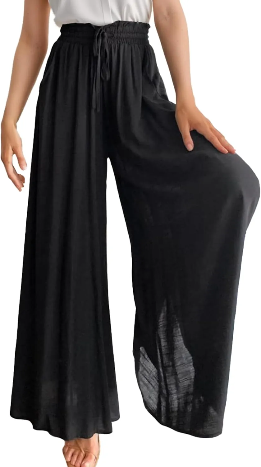 Wide Leg Pants for Women Summer Flowy Pants Elastic Waist with Pockets Palazzo Lounge Pants