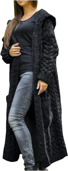 Women Chunky Knit Sweater Coats Solid Hooded Long Cardigan Sweaters Winter Outwear Loose Knitted Jacket with
