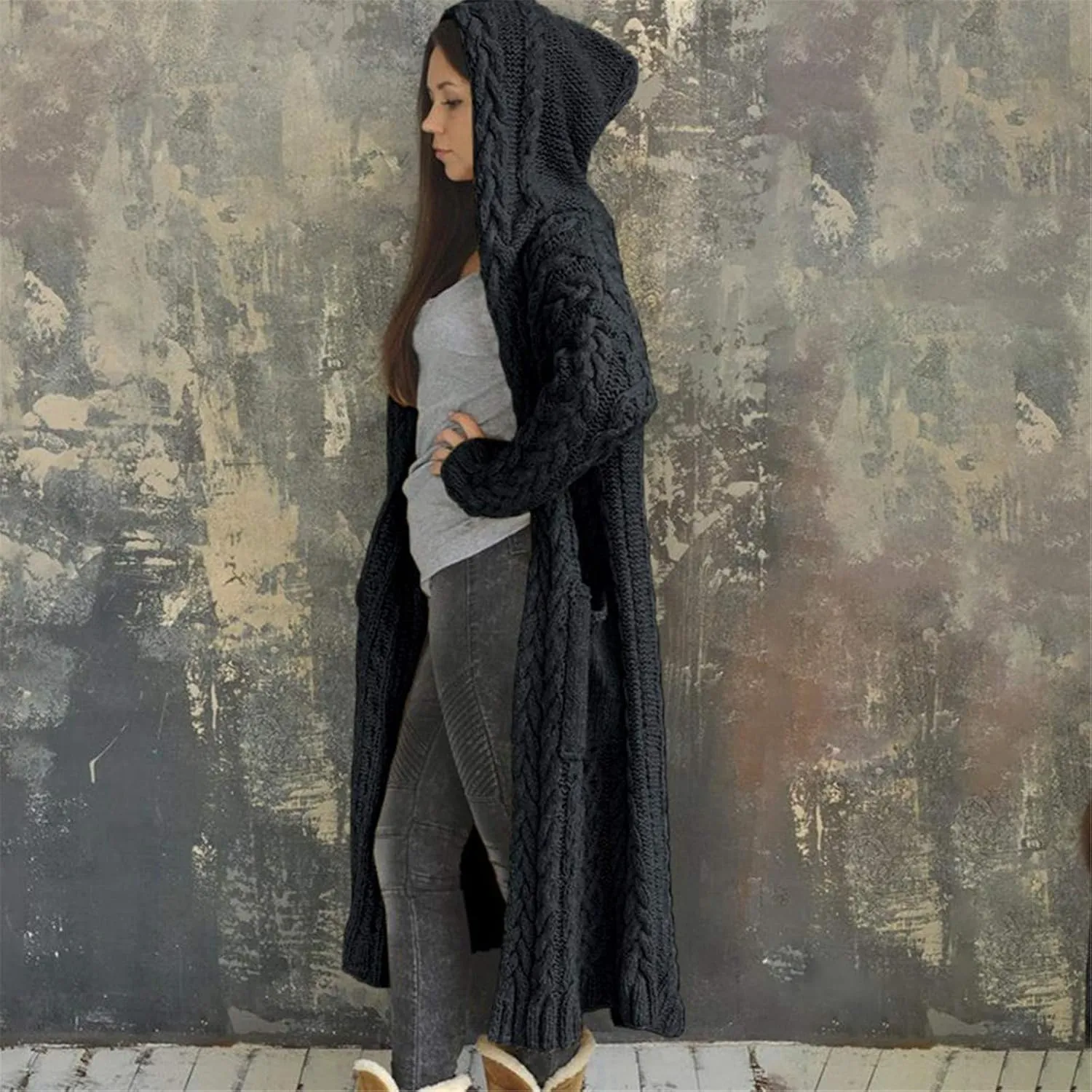 Women Chunky Knit Sweater Coats Solid Hooded Long Cardigan Sweaters Winter Outwear Loose Knitted Jacket with