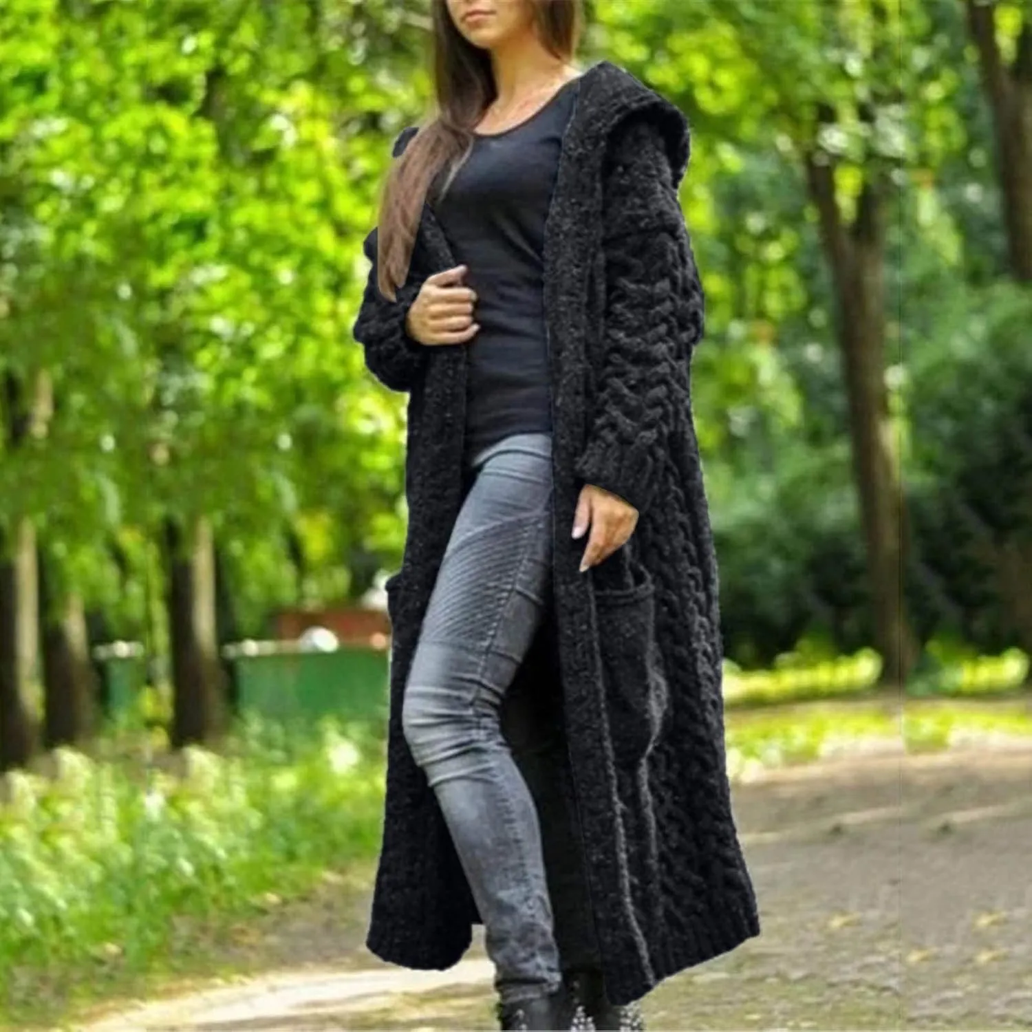 Women Chunky Knit Sweater Coats Solid Hooded Long Cardigan Sweaters Winter Outwear Loose Knitted Jacket with