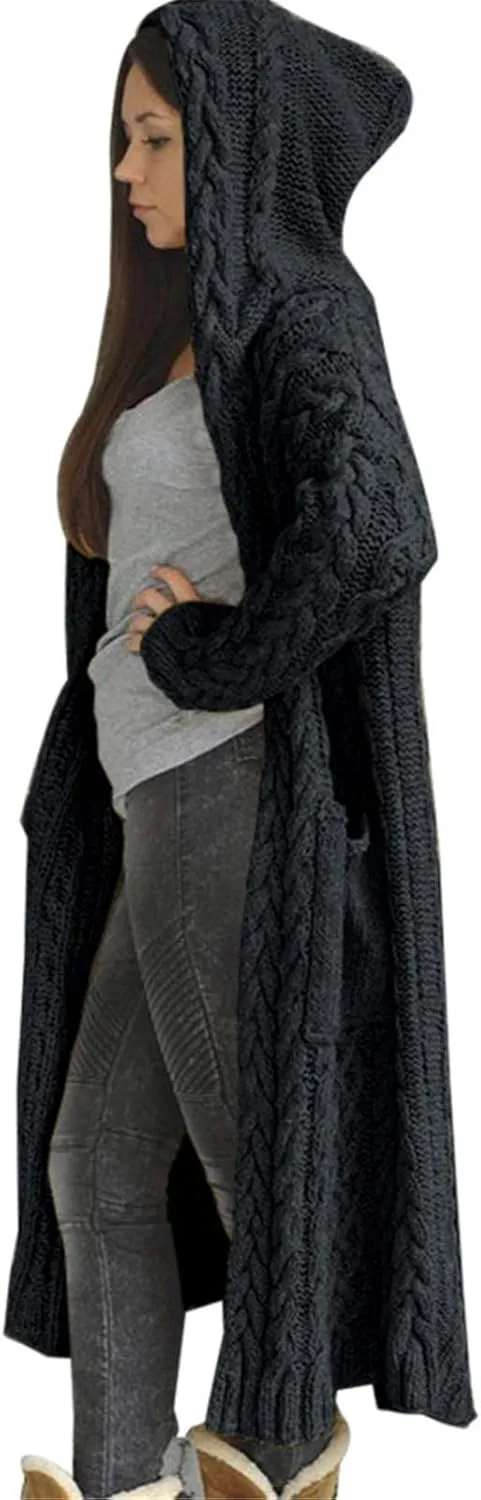 Women Chunky Knit Sweater Coats Solid Hooded Long Cardigan Sweaters Winter Outwear Loose Knitted Jacket with