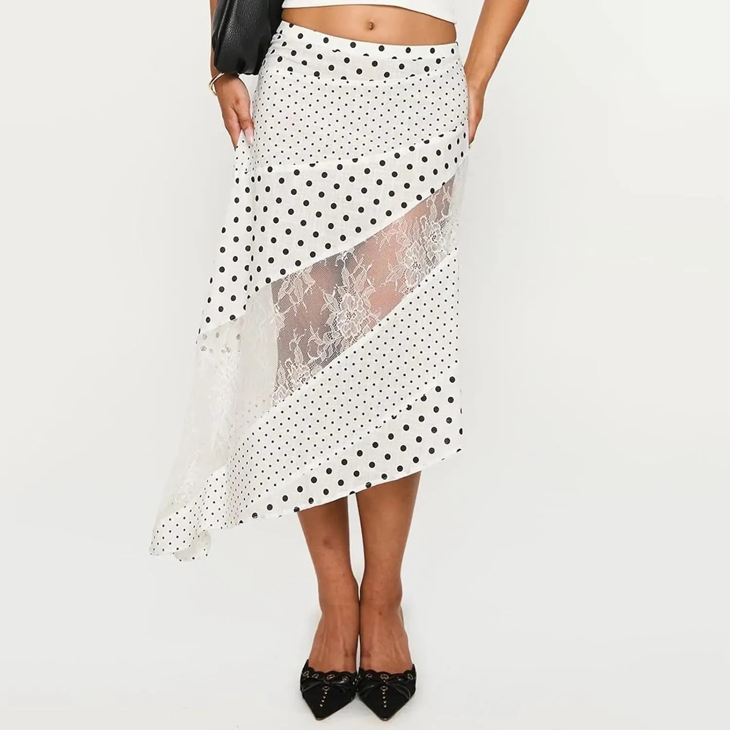 Women Lace Patchwork Maxi Skirt Polka Dot Midi Skirt Asymmetrical Sheer Flowy Long Skirts Y2k Coquette Skirts