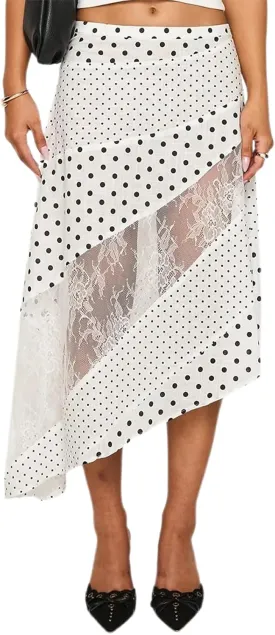 Women Lace Patchwork Maxi Skirt Polka Dot Midi Skirt Asymmetrical Sheer Flowy Long Skirts Y2k Coquette Skirts
