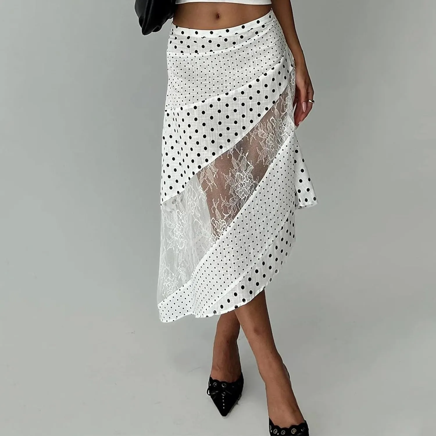 Women Lace Patchwork Maxi Skirt Polka Dot Midi Skirt Asymmetrical Sheer Flowy Long Skirts Y2k Coquette Skirts