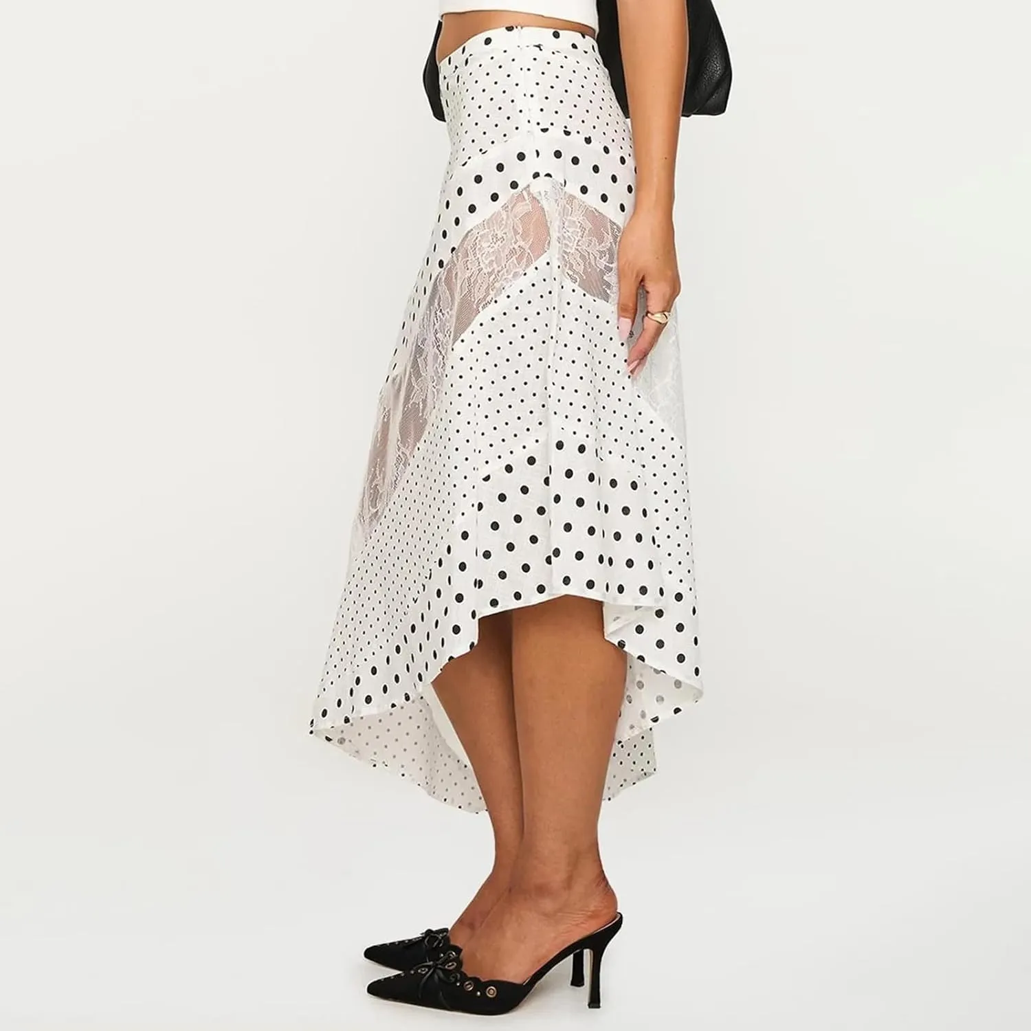 Women Lace Patchwork Maxi Skirt Polka Dot Midi Skirt Asymmetrical Sheer Flowy Long Skirts Y2k Coquette Skirts