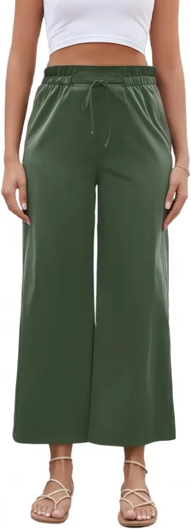 Women's Casual High Waisted Pants Self-tie Belted Lounge Pants Straight Long Trousers with Pockets