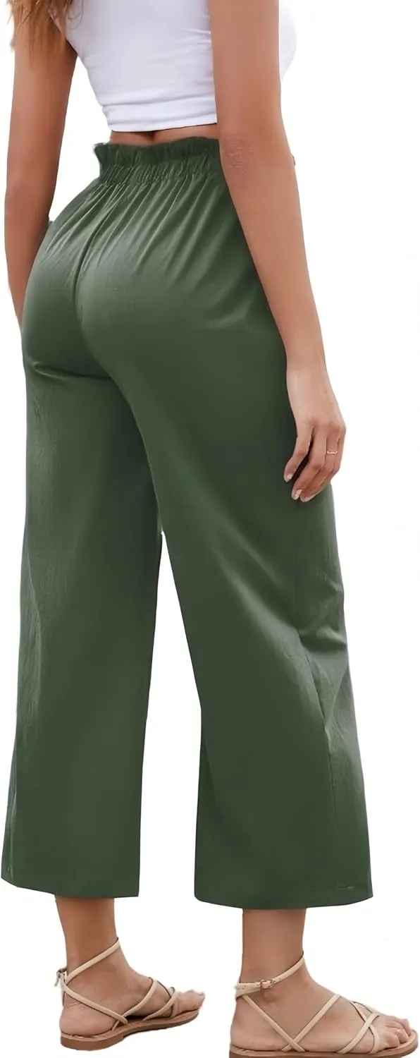 Women's Casual High Waisted Pants Self-tie Belted Lounge Pants Straight Long Trousers with Pockets