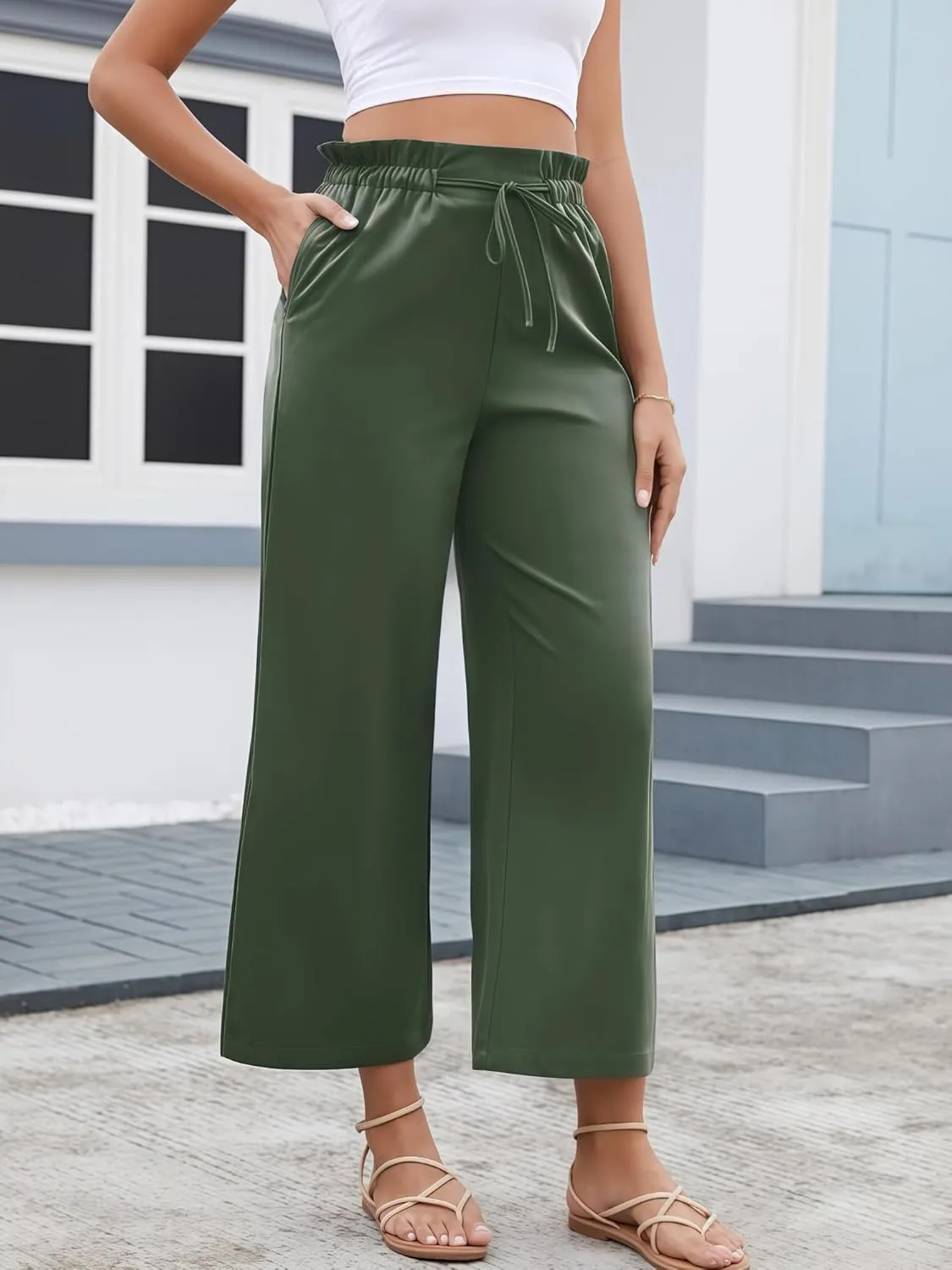 Women's Casual High Waisted Pants Self-tie Belted Lounge Pants Straight Long Trousers with Pockets