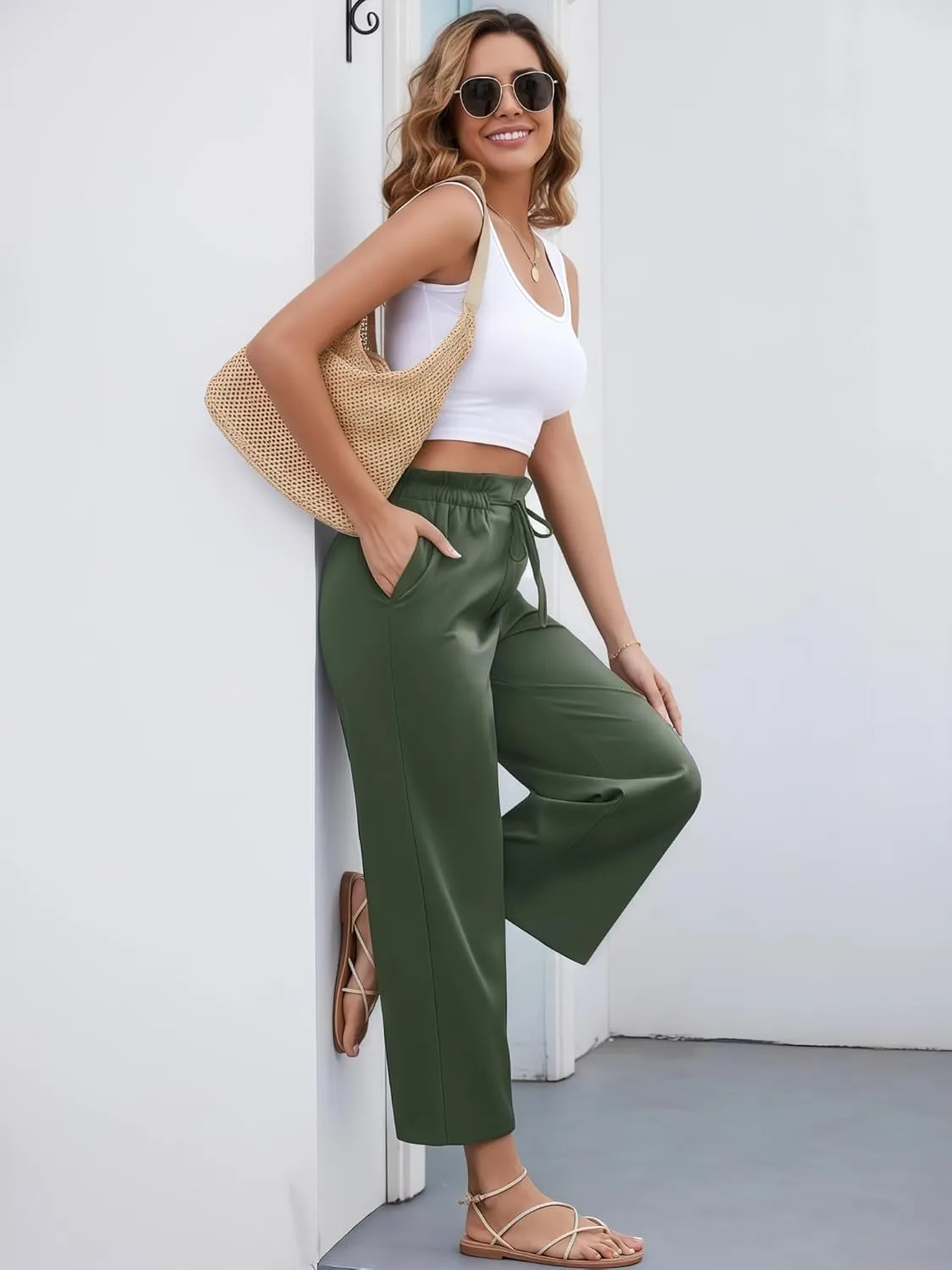 Women's Casual High Waisted Pants Self-tie Belted Lounge Pants Straight Long Trousers with Pockets