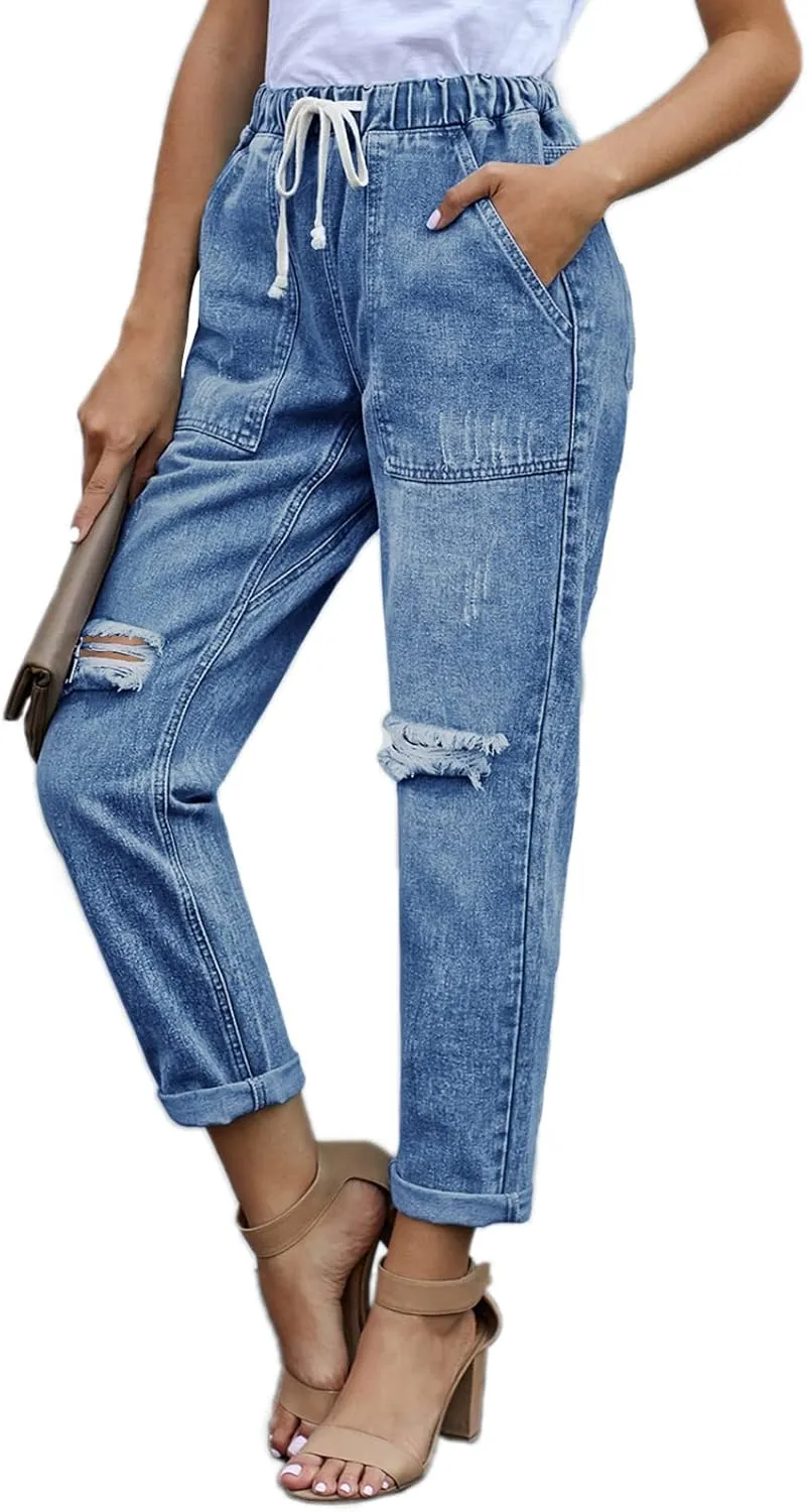 Womens Casual Pull-on Distressed Stretch Jeans Elastic Waist Jean Denim Joggers Pants