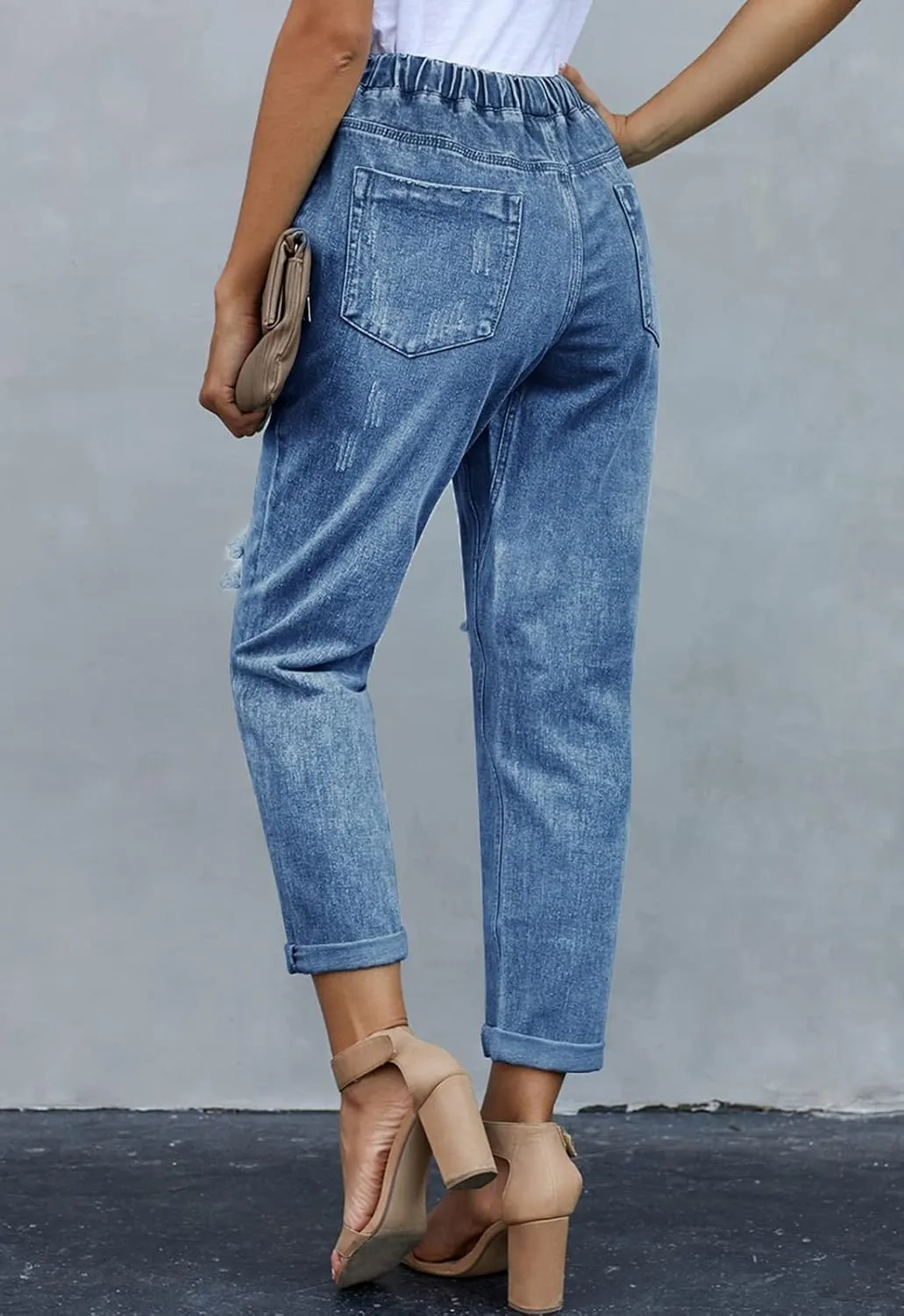 Womens Casual Pull-on Distressed Stretch Jeans Elastic Waist Jean Denim Joggers Pants