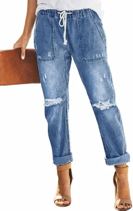 Womens Casual Pull-on Distressed Stretch Jeans Elastic Waist Jean Denim Joggers Pants