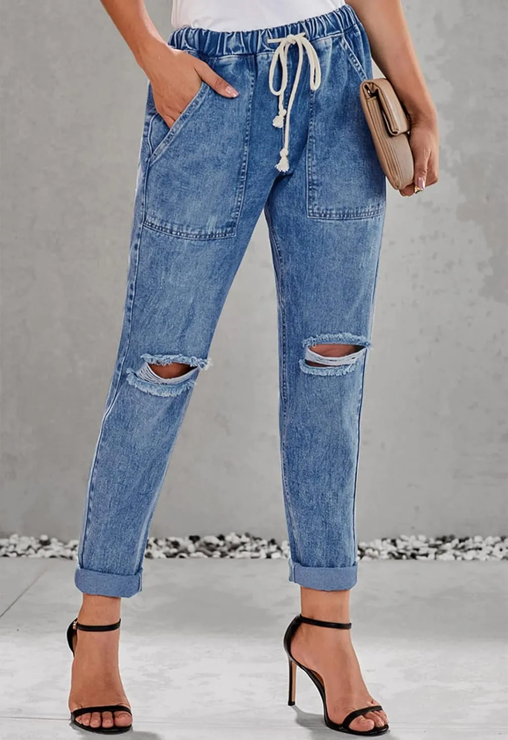 Womens Casual Pull-on Distressed Stretch Jeans Elastic Waist Jean Denim Joggers Pants