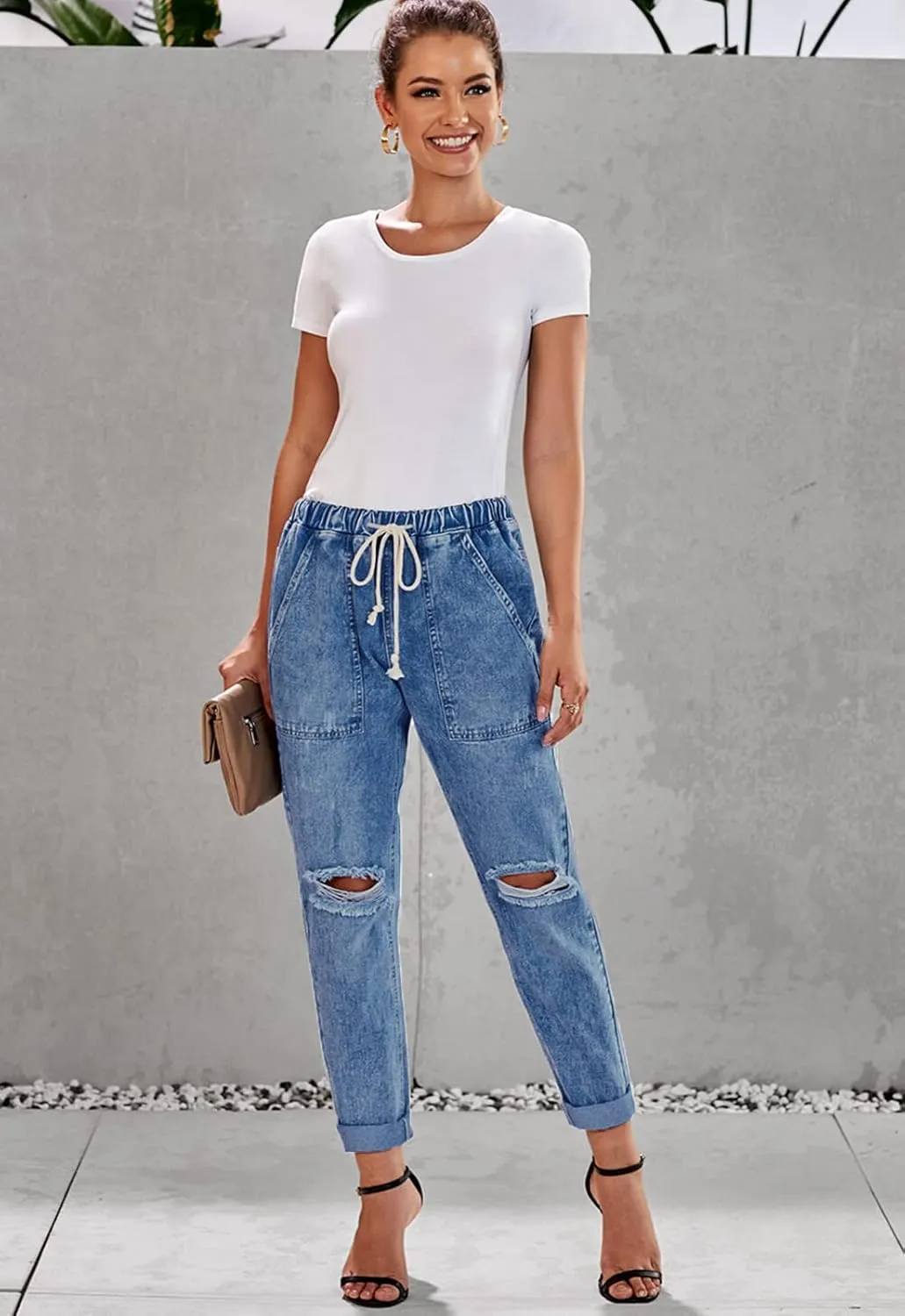 Womens Casual Pull-on Distressed Stretch Jeans Elastic Waist Jean Denim Joggers Pants