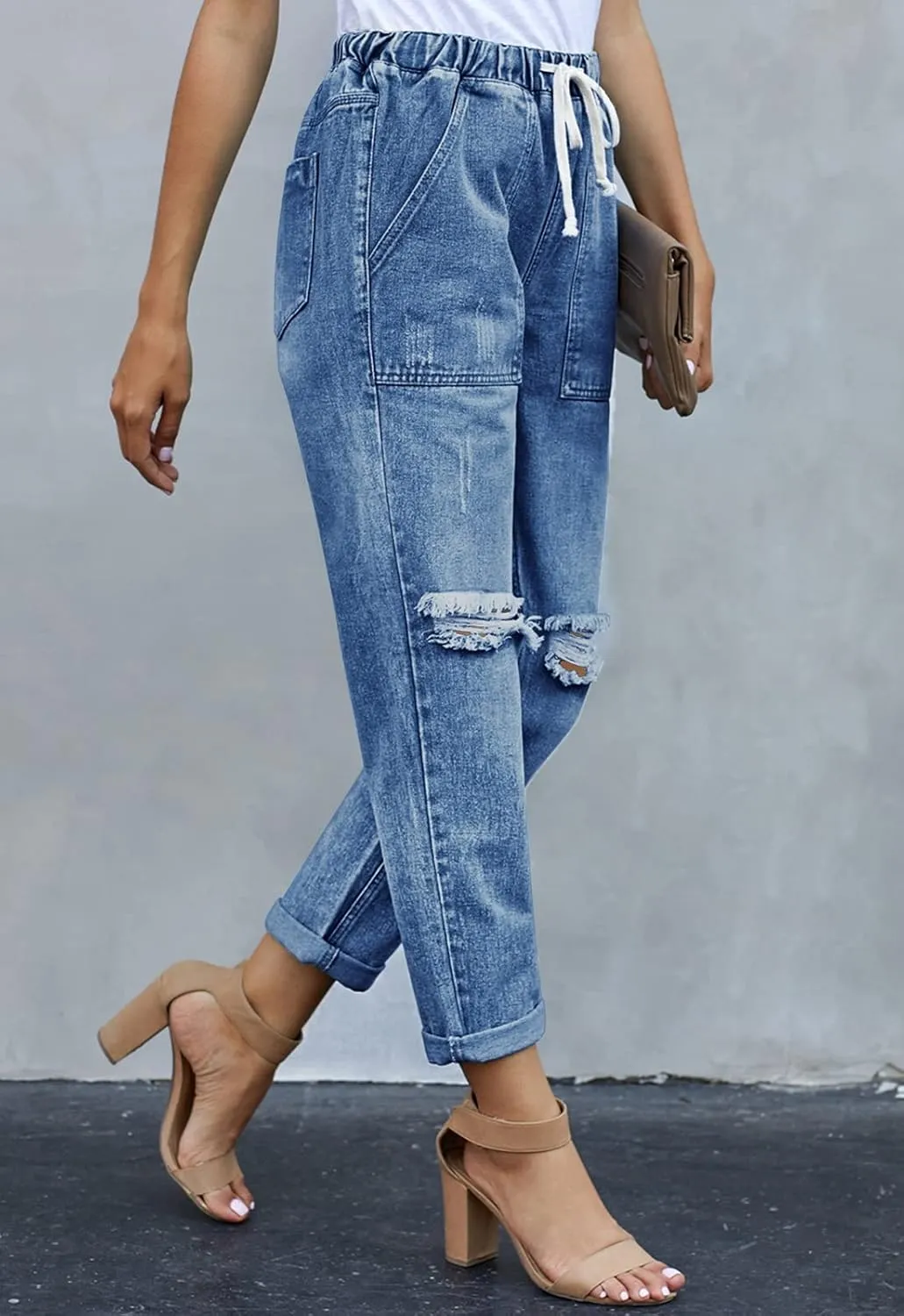 Womens Casual Pull-on Distressed Stretch Jeans Elastic Waist Jean Denim Joggers Pants