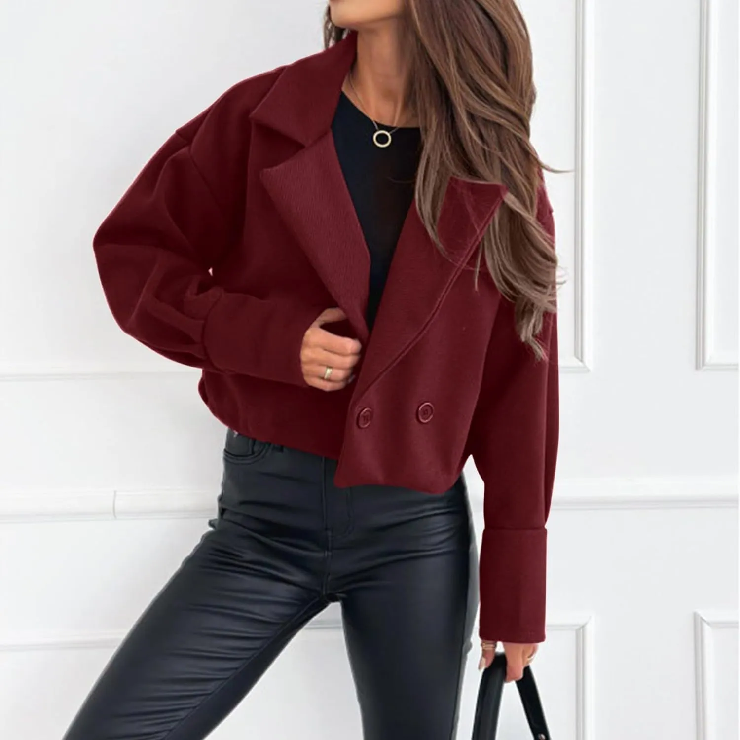 Womens Cropped Coat Wool Blend Long Sleeve Lapel Collar Solid Pea Coat Baggy Comfy Business Office Work Outerwear