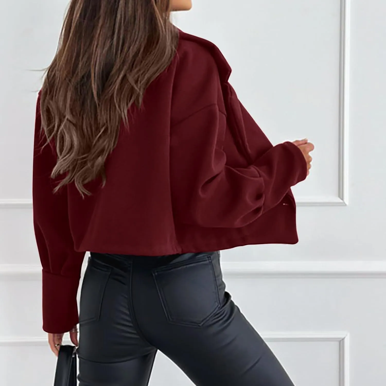 Womens Cropped Coat Wool Blend Long Sleeve Lapel Collar Solid Pea Coat Baggy Comfy Business Office Work Outerwear