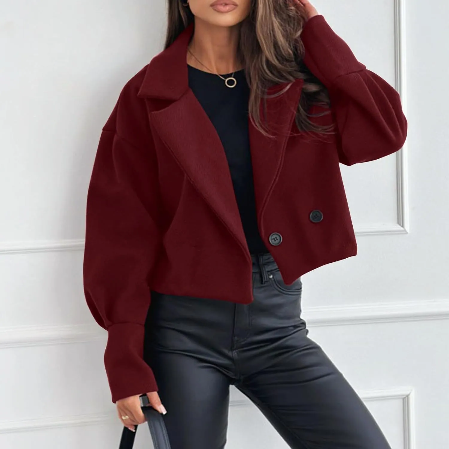 Womens Cropped Coat Wool Blend Long Sleeve Lapel Collar Solid Pea Coat Baggy Comfy Business Office Work Outerwear