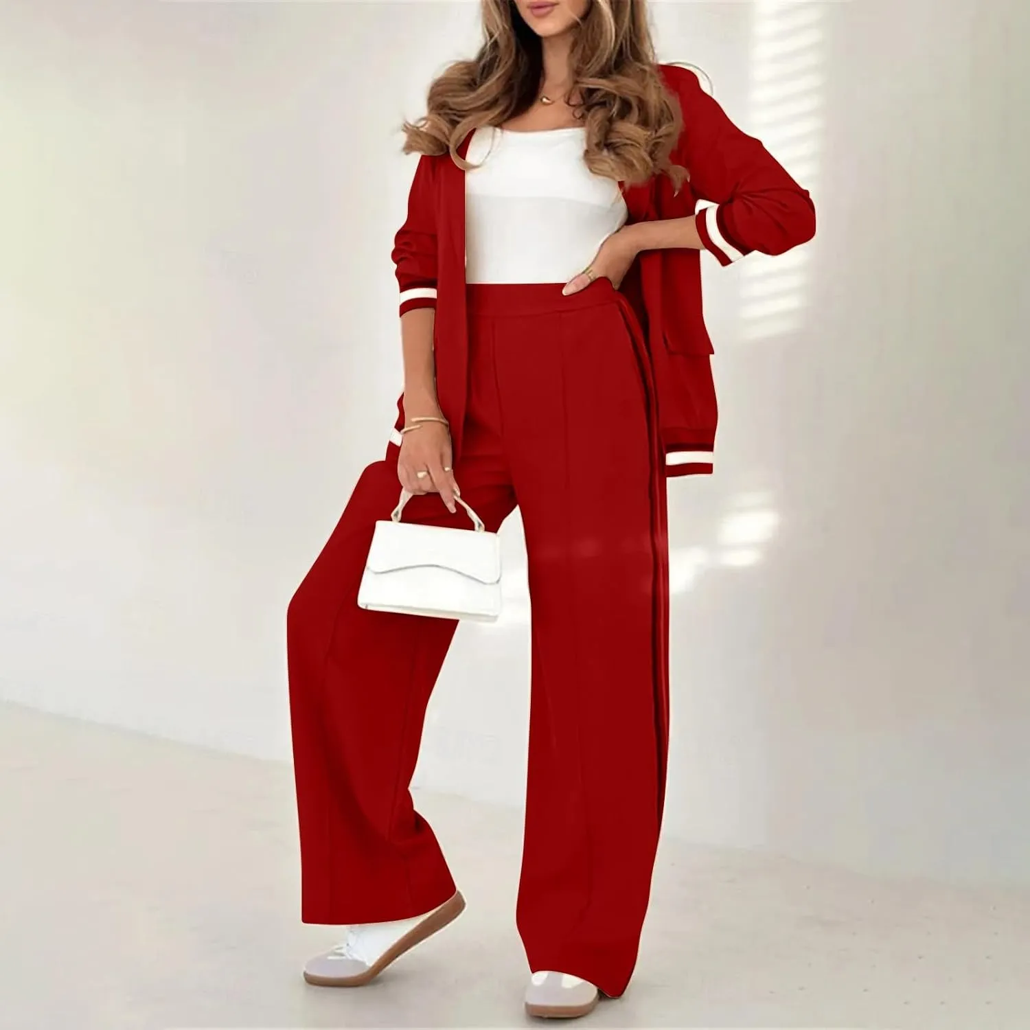 Women's Fall Spring 2 Piece Blazer Outfits Business Casual Oversized Jacket Wide Leg Work Pants Dressy Suit Se