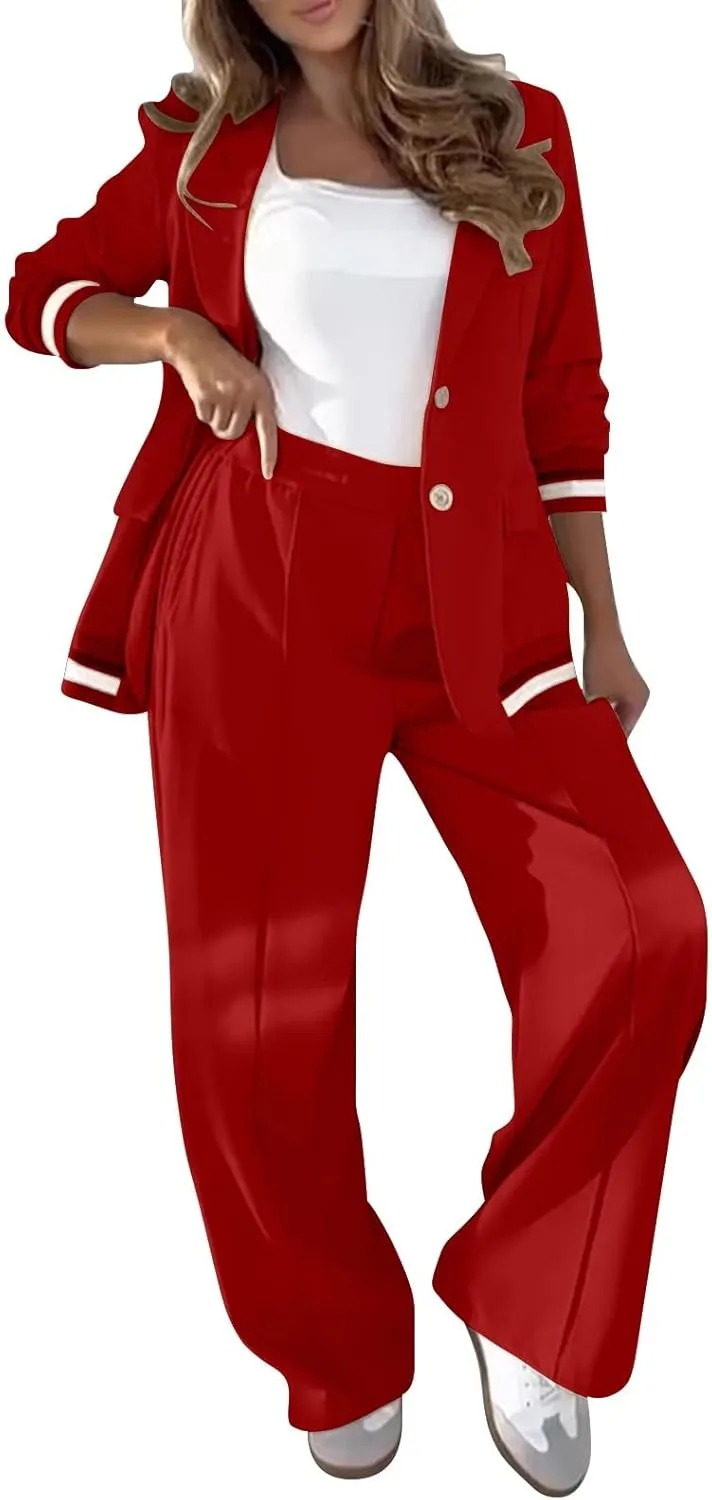 Women's Fall Spring 2 Piece Blazer Outfits Business Casual Oversized Jacket Wide Leg Work Pants Dressy Suit Se