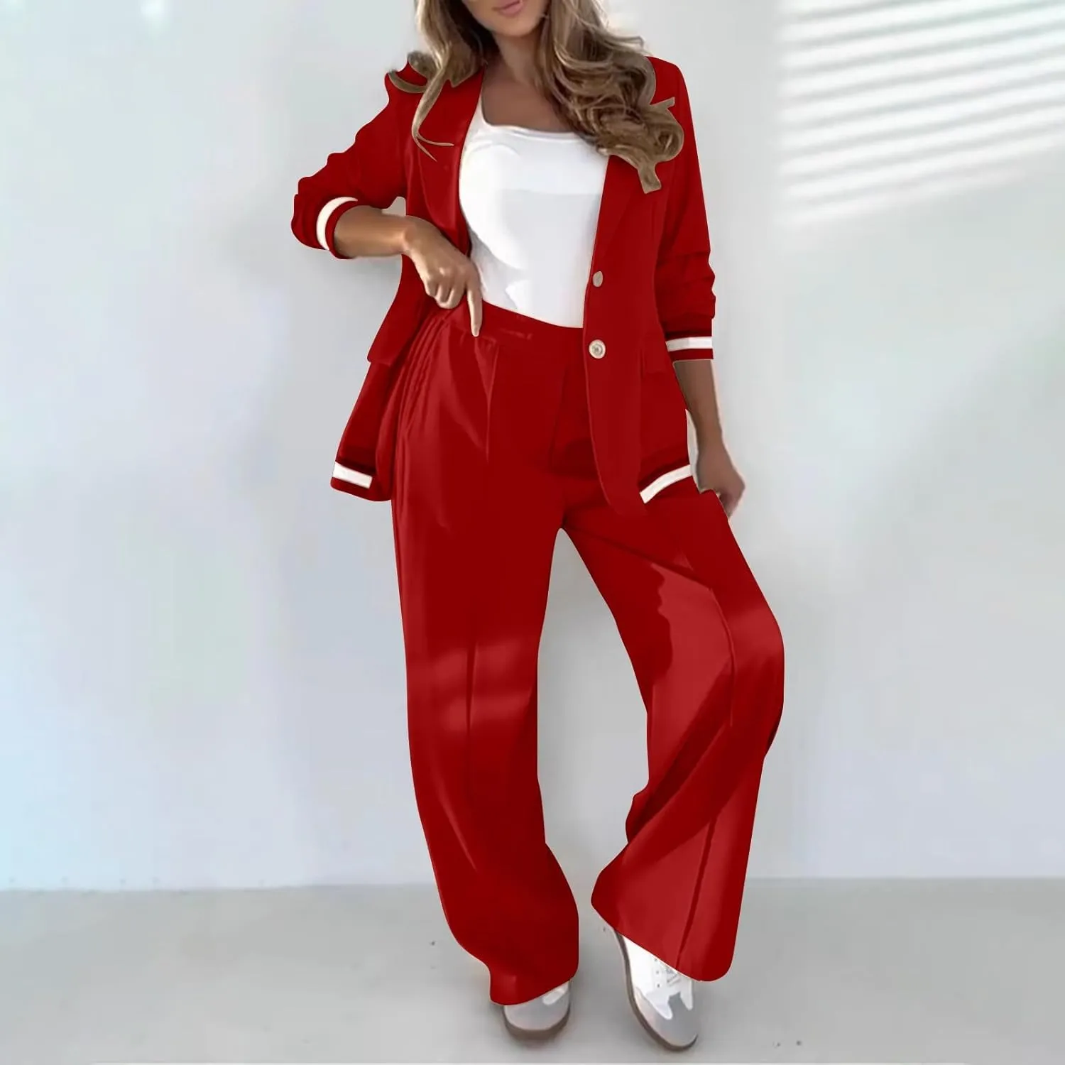 Women's Fall Spring 2 Piece Blazer Outfits Business Casual Oversized Jacket Wide Leg Work Pants Dressy Suit Se