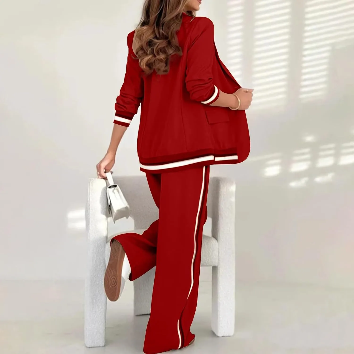 Women's Fall Spring 2 Piece Blazer Outfits Business Casual Oversized Jacket Wide Leg Work Pants Dressy Suit Se