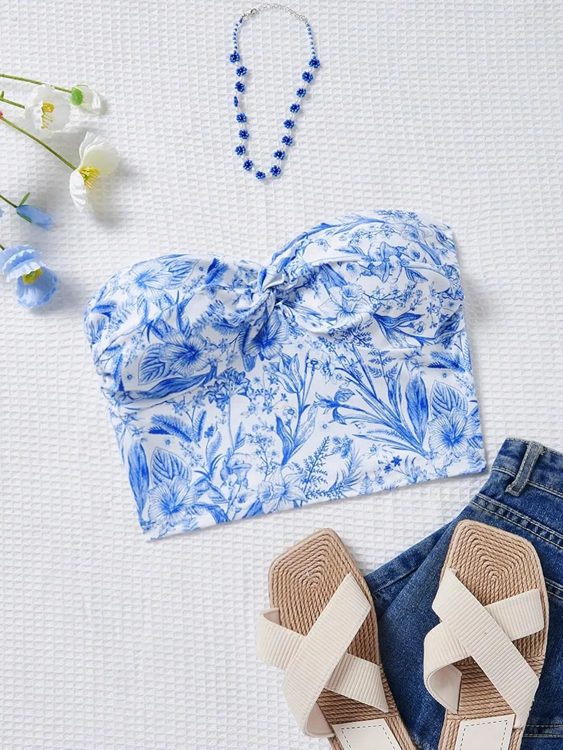 Women's Floral Pattern Twist Front Strapless Bandeau Top Casual Sleeveless Backless Slim Fit Boho Tube Crop Tops