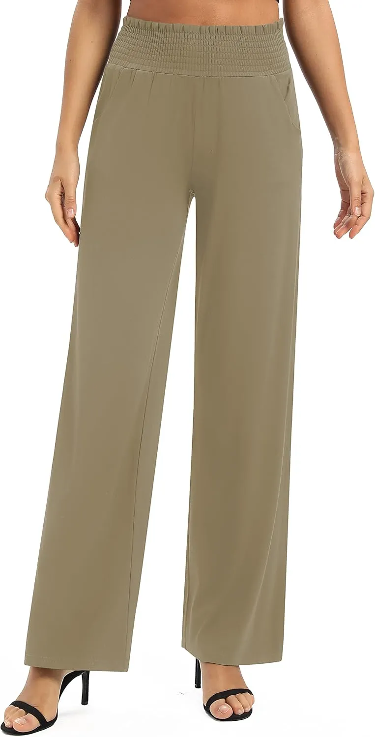 Women's Loose Straight Leg Palazzo Pants High Elastic Waist Causal Trousers with Pockets