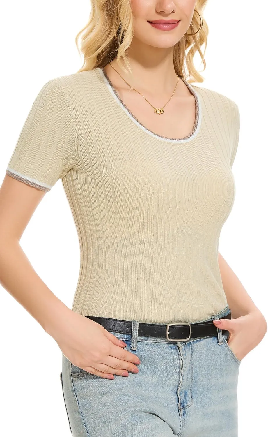 Women's Short Sleeve Scoop Neck Tshirts Color Block Slim Fit Ribbed Knit Summer Basic Casual Tee Tops