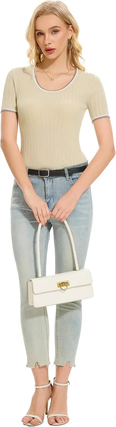 Women's Short Sleeve Scoop Neck Tshirts Color Block Slim Fit Ribbed Knit Summer Basic Casual Tee Tops