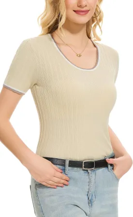 Women's Short Sleeve Scoop Neck Tshirts Color Block Slim Fit Ribbed Knit Summer Basic Casual Tee Tops