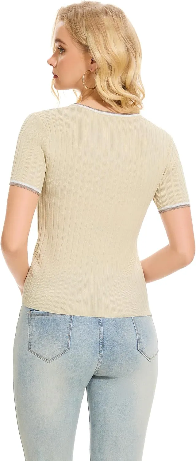 Women's Short Sleeve Scoop Neck Tshirts Color Block Slim Fit Ribbed Knit Summer Basic Casual Tee Tops