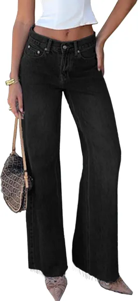 Women's Wide Leg High Waisted Raw Hem Loose Baggy Jeans Denim Pants
