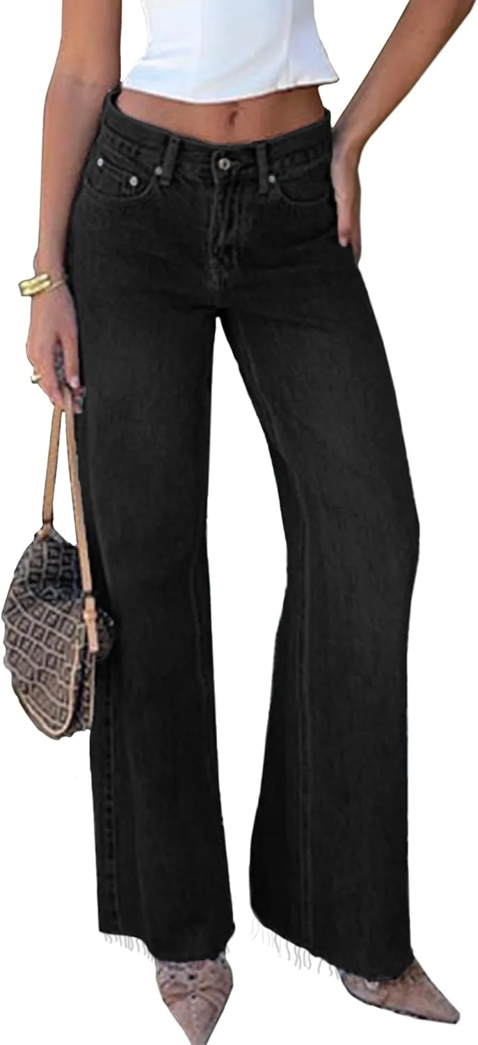 Women's Wide Leg High Waisted Raw Hem Loose Baggy Jeans Denim Pants