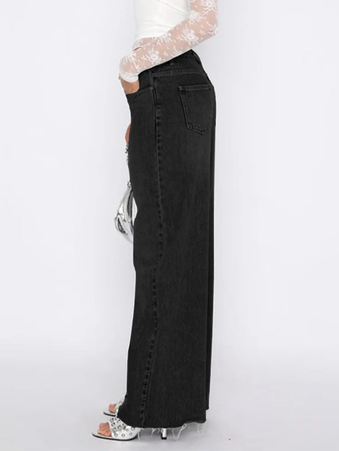 Women's Wide Leg High Waisted Raw Hem Loose Baggy Jeans Denim Pants