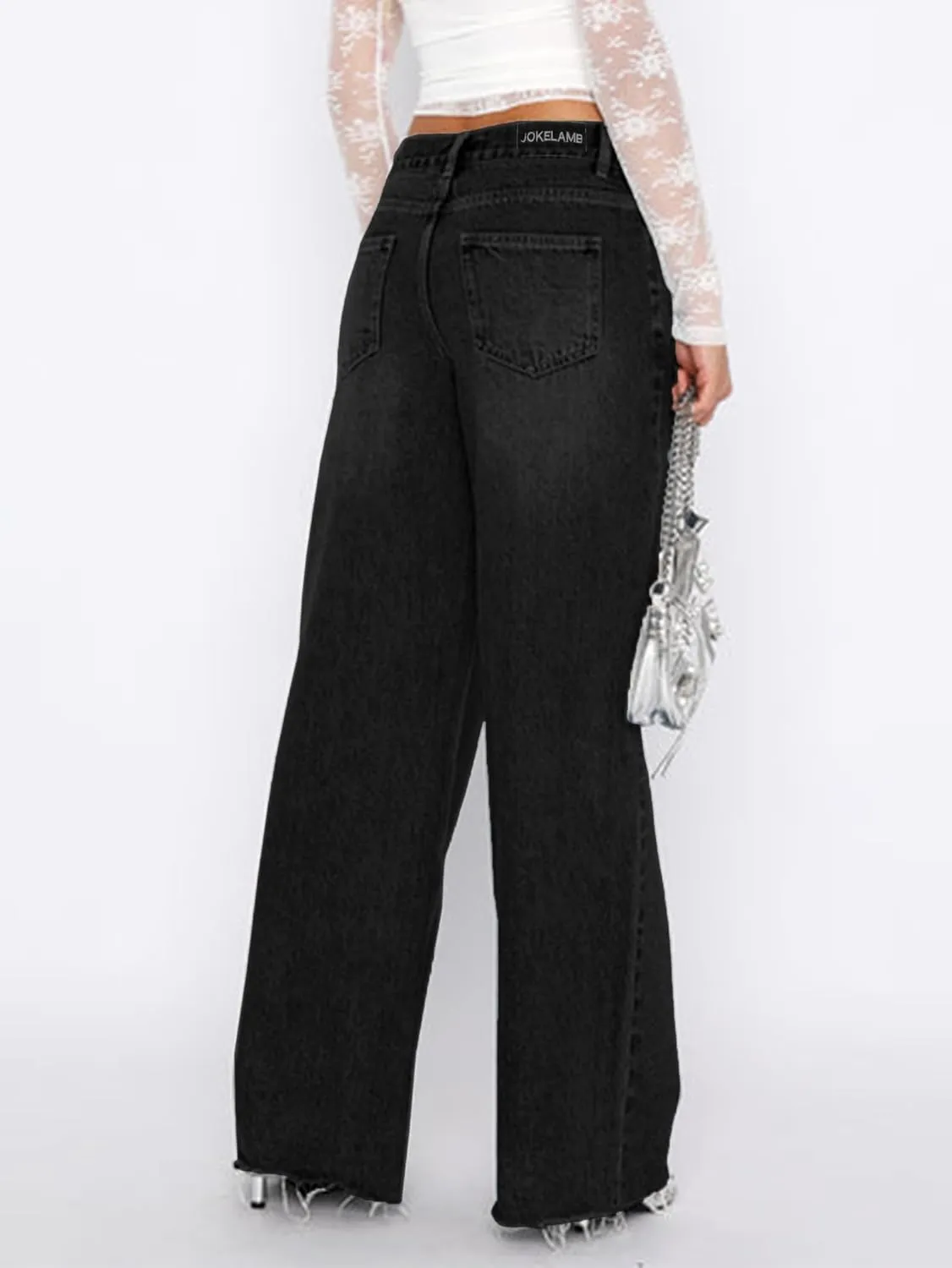 Women's Wide Leg High Waisted Raw Hem Loose Baggy Jeans Denim Pants