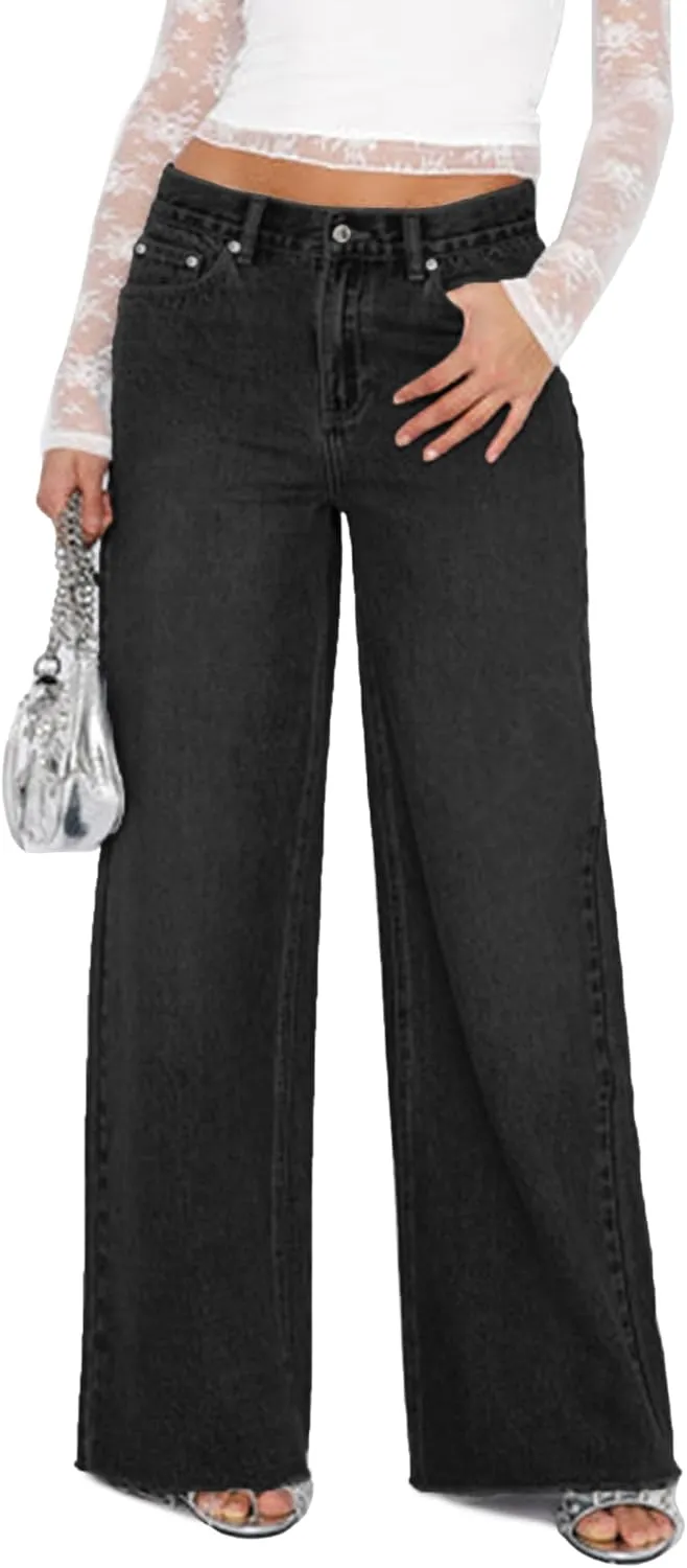 Women's Wide Leg High Waisted Raw Hem Loose Baggy Jeans Denim Pants