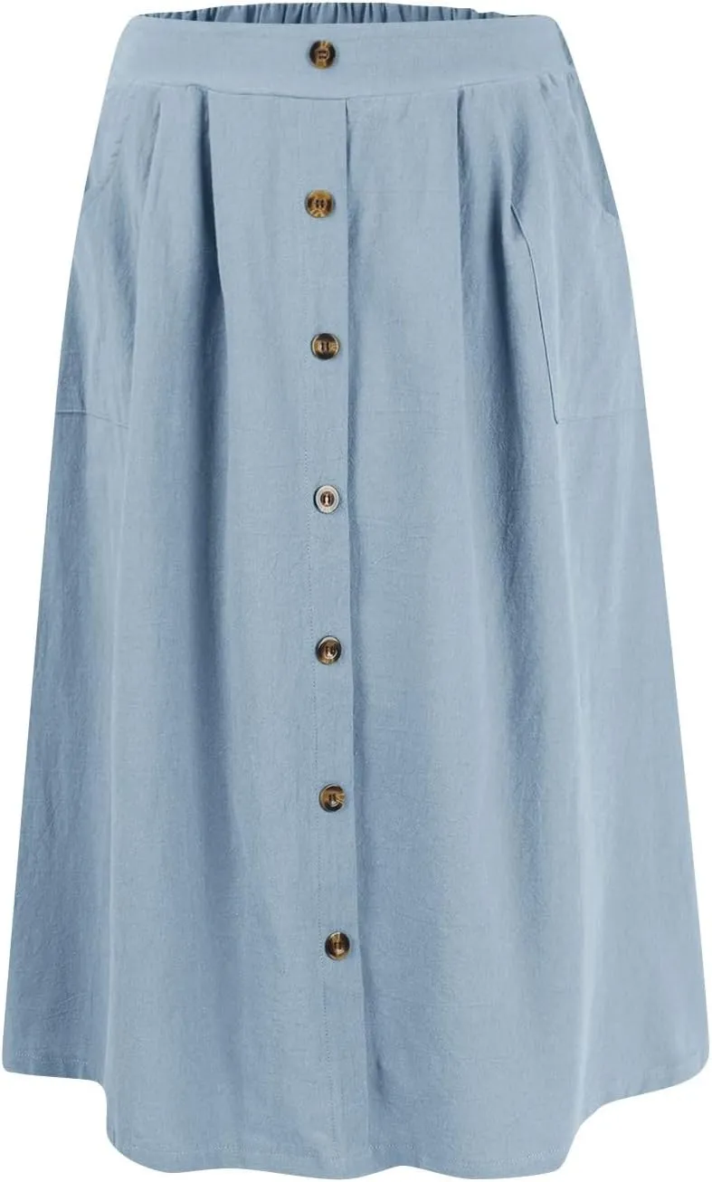 Yesunpxs Womens Summer Skirts Casual Soild Front Button A-Line High Waisted Midi-Skirt with Pockets Beach Vacation Clothes