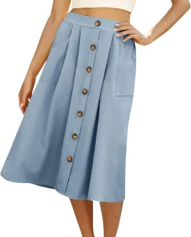 Yesunpxs Womens Summer Skirts Casual Soild Front Button A-Line High Waisted Midi-Skirt with Pockets Beach Vacation Clothes